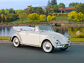 AUT 21 RK2403 01
1958 Volkswagen Beetle Convertible White And Gray 3/4 Front View On Pavement By Pond