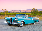 AUT 21 RK2441 01
1958 Edsel Citation Convertible Turquoise 3/4 Front View On Gravel By Vineyard