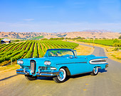 AUT 21 RK2444 01
1958 Edsel Citation Convertible Turquoise 3/4 Front View On Pavement By Vineyard