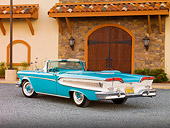 AUT 21 RK2448 01
1958 Edsel Citation Convertible Turquoise 3/4 Rear View On Gravel By Building