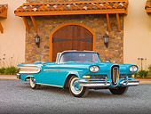 AUT 21 RK2449 01
1958 Edsel Citation Convertible Turquoise 3/4 Front View On Gravel By Building