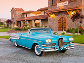 AUT 21 RK2454 01
1958 Edsel Citation Convertible Turquoise 3/4 Front View On Gravel By Building