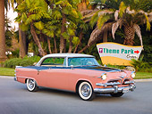 AUT 21 RK2517 01
1955 Dodge Royal Lancer Pink 3/4 Front View On Pavement By Palm Trees