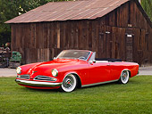 AUT 21 RK2532 01
1953 Studebaker Commander Convertible Red 3/4 Front View On Grass By Barn