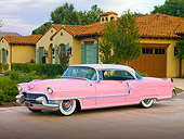 AUT 21 RK2548 01
1955 Cadillac Coupe de Ville Pink 3/4 Front View On Driveway By House