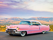 AUT 21 RK2551 01
1955 Cadillac Coupe de Ville Pink 3/4 Front View On Pavement By Valley