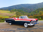 AUT 21 RK2576 01
1957 Ford Fairlane 500 Red And Black 3/4 Front View On Pavement By Hills