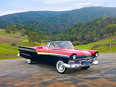 AUT 21 RK2577 01
1957 Ford Fairlane 500 Red And Black 3/4 Front View On Pavement By Hills