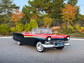 AUT 21 RK2581 01
1957 Ford Fairlane 500 Red And Black 3/4 Front View On Pavement By Trees