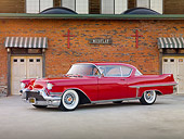 AUT 21 RK2595 01
1957 Cadillac Coupe de Ville Red 3/4 Front View On Pavement By Building