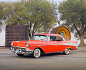 AUT 21 RK2614 01
1957 Chevy Belair Red 3/4 Front View With With Wine Barrels And Trees
