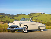AUT 21 RK2651 01
1950 Oldsmobile 88 Convertible White 3/4 Front View On Pavement By Grassy Hills