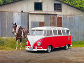 AUT 21 RK2693 01
1959 Volkswagen 23 Window Microbus Raspberry And White 3/4 Front View On Dirt Road By Barn And Horse