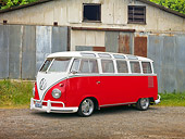 AUT 21 RK2694 01
1959 Volkswagen 23 Window Microbus Raspberry And White 3/4 Side View On Dirt Road By Barn