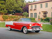 AUT 21 RK2712 01
1955 Chevrolet Bel Air Convertible Red And White 3/4 Front View On Pavement By House