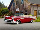 AUT 21 RK2752 01
1957 Chevrolet Bel Air Convertible Red 3/4 Front View On Pavement By Flower Farm