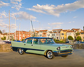 AUT 21 RK2768 01
1957 DeSoto Firedome Green 3/4 Front View On Pavement By Harbor