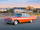 AUT 21 RK2782 01
1958 DeSoto Fireflite Orange 3/4 Rear View On Pavement By Water