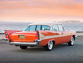 AUT 21 RK2787 01
1958 DeSoto Fireflite Orange 3/4 Rear View On Pavement By Bay