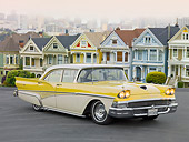 AUT 21 RK2818 01
1958 Ford Fairlane 500 Yellow And White 3/4 Front View On Pavement By Painted Ladies San Francisco