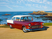 AUT 21 RK2835 01
1955 Chevrolet 210 2-Door Sedan Orange And White 3/4 Front View On Sand By Ocean