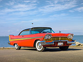 AUT 21 RK2851 01
1957 Plymouth Fury Red And Gold 3/4 Front View On Pavement By Bay