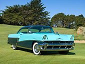 AUT 21 RK2870 01
1956 Mercury Monterey Teal And Green 3/4 Front View On Grass By Trees