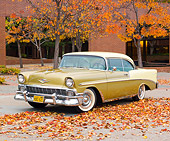 AUT 21 RK2896 01
1956 Chevrolet Bel Air Gold And Yellow 3/4 Front View On Pavement By Brick Building And Autumn Leaves