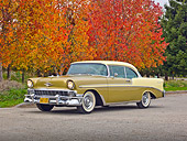 AUT 21 RK2899 01
1956 Chevrolet Bel Air Gold And Yellow 3/4 Front View On Pavement By Autumn Trees
