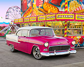 AUT 21 RK2906 01
1955 Chevrolet Bel Air Pink And White 3/4 Front View On Pavement At Carnival