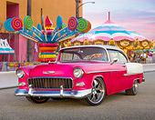 AUT 21 RK2912 01
1955 Chevrolet Bel Air Pink And White 3/4 Front View On Pavement At Carnival