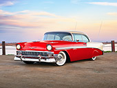 AUT 21 RK2925 01
1956 Chevrolet Bel Air Red And White 3/4 Front View On Dirt Road By Water At Dusk