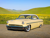 AUT 21 RK2934 01
1953 Mercury Monterey Yellow And White 3/4 Front View On Gravel By Field Of Wildflowers