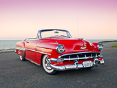AUT 21 RK2940 01
1954 Chevrolet Bel Air Red 3/4 Front View On Pavement By Water At Dusk