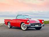 AUT 21 RK2957 01
1957 Ford Thunderbird Convertible Red 3/4 Front View On Pavement By Water At Dusk