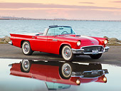 AUT 21 RK2958 01
1957 Ford Thunderbird Convertible Red 3/4 Front View On Pavement By Reflection In Water