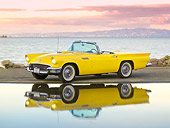 AUT 21 RK2959 01
1957 Ford Thunderbird Convertible Yellow 3/4 Side View On Pavement By Reflection In Water