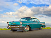 AUT 21 RK2961 01
1957 Chevrolet Bel Air Green 3/4 Front View On Pavement By Water