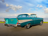 AUT 21 RK2962 01
1957 Chevrolet Bel Air Green 3/4 Rear View On Pavement By Water