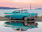 AUT 21 RK2966 01
1957 Chevrolet Bel Air Green 3/4 Side View On Pavement By Reflection In Water And Golden Gate Bridge