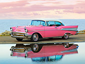 AUT 21 RK2967 01
1957 Chevrolet Bel Air Pink 3/4 Side View On Pavement By Reflection In Water At Dusk