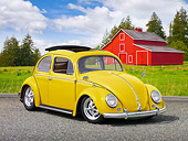 AUT 21 RK2970 01
1956 Volkswagen Bug Agave Green 3/4 Front View On Gravel By Grass And Red Barn