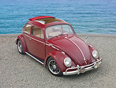 AUT 21 RK2975 01
1959 Volkswagen Beetle Red 3/4 Front View On Gravel By Water
