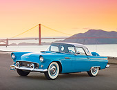 AUT 21 RK2999 01
1956 Ford Thunderbird Blue 3/4 Front View On Pavement By Bay And Golden Gate Bridge