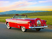 AUT 21 RK3004 01
1954 Ford Sunliner Convertible Red 3/4 Rear View On Pavement By Vineyard