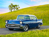 AUT 21 RK3014 01
1957 Chevrolet Bel Air Blue And White 3/4 Front View On Pavement By Bay