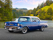 AUT 21 RK3016 01
1957 Chevrolet Bel Air Blue And White 3/4 Front View On Pavement By Bay