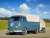 AUT 21 RK3026 01
1956 Volkswagen Single Cab Bus With 1960 Austermann Knospe Trailer Dove Blue And White 3/4 Front View On Pavement By Grass