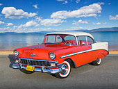 AUT 21 RK3064 01
1956 Chevrolet Bel Air Matador Red And Dune Beige 3/4 Front View On Pavement By Harbor