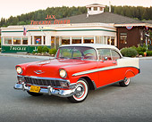 AUT 21 RK3065 01
1956 Chevrolet Bel Air Matador Red And Dune Beige 3/4 Front View On Pavement